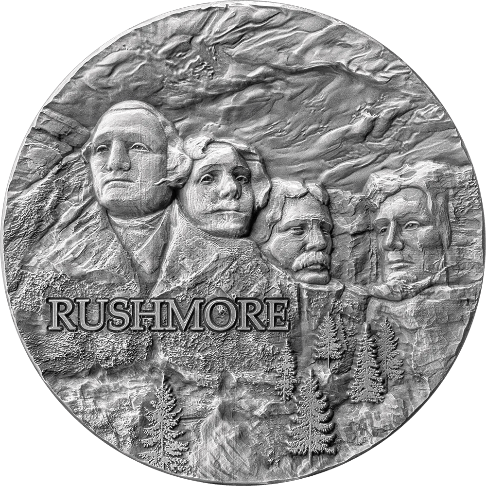 2024 Ms69 Antiqued 2oz Rock - Cut Monuments: Mt. Rushmore - Captain’s Chest Bullion