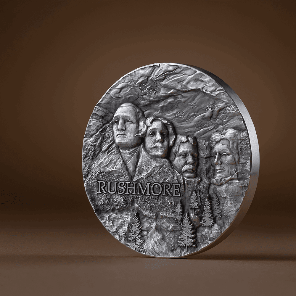 2024 Ms69 Antiqued 2oz Rock - Cut Monuments: Mt. Rushmore - Captain’s Chest Bullion