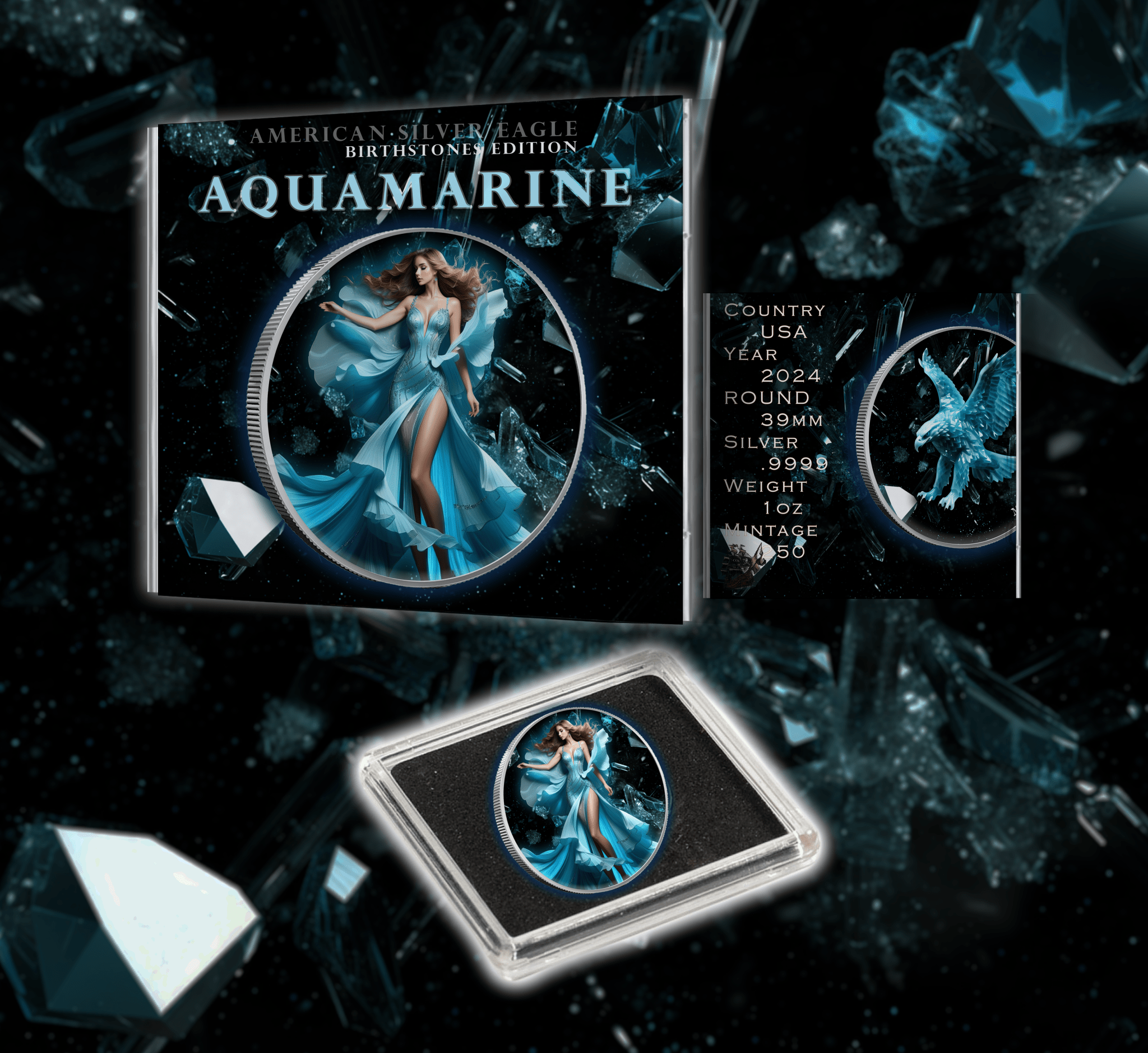 2024 Silver Eagle Aquamarine March Month Colorized 1oz .999 Silver - Captain’s Chest Bullion