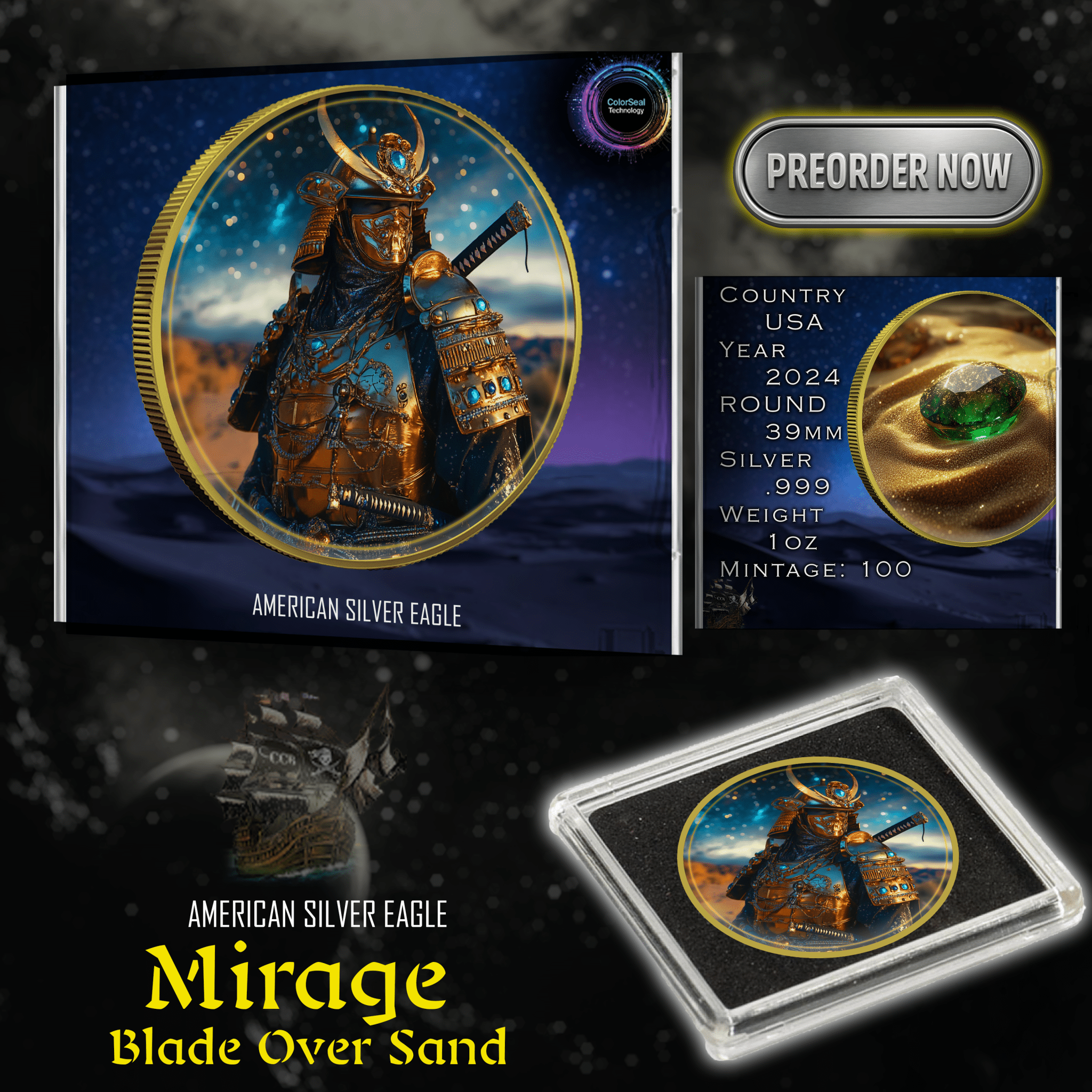 2024 Silver Eagle Blade Over Sand Samurai 1oz .999 Silver Coin - Captain’s Chest Bullion