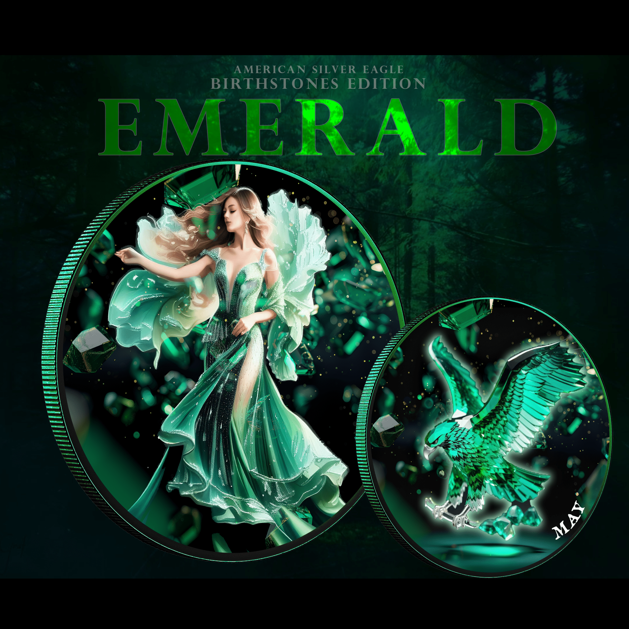 2024 Silver Eagle Colorized Month Emerald 1oz .999 Silver Coin - Captain’s Chest Bullion