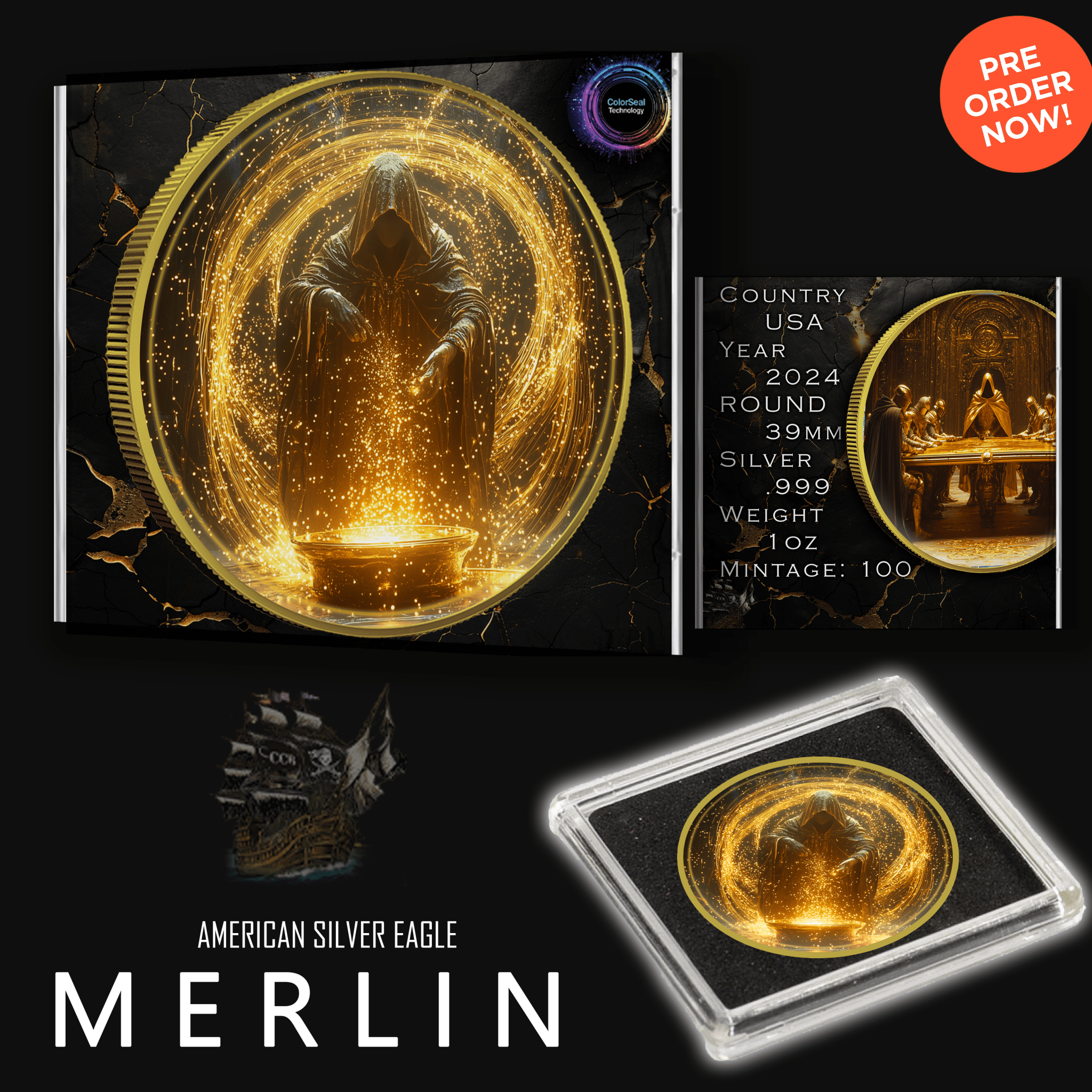2024 Silver Eagle Merlin Gold Gild and Colorized 1oz .999 Silver Coin - Captain’s Chest Bullion