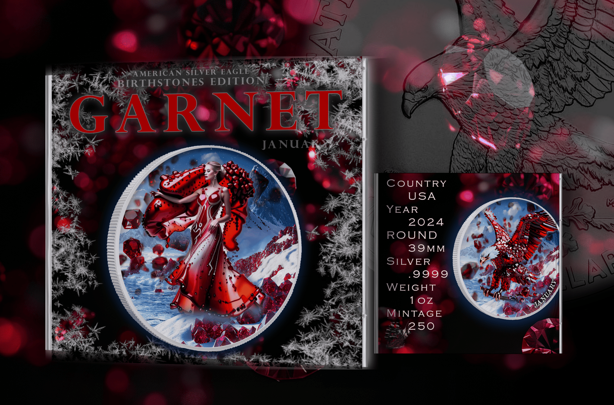 2024 Silver Eagle Month Series January (Garnet Stones) .999 1oz Silver Coin - Captain’s Chest Bullion