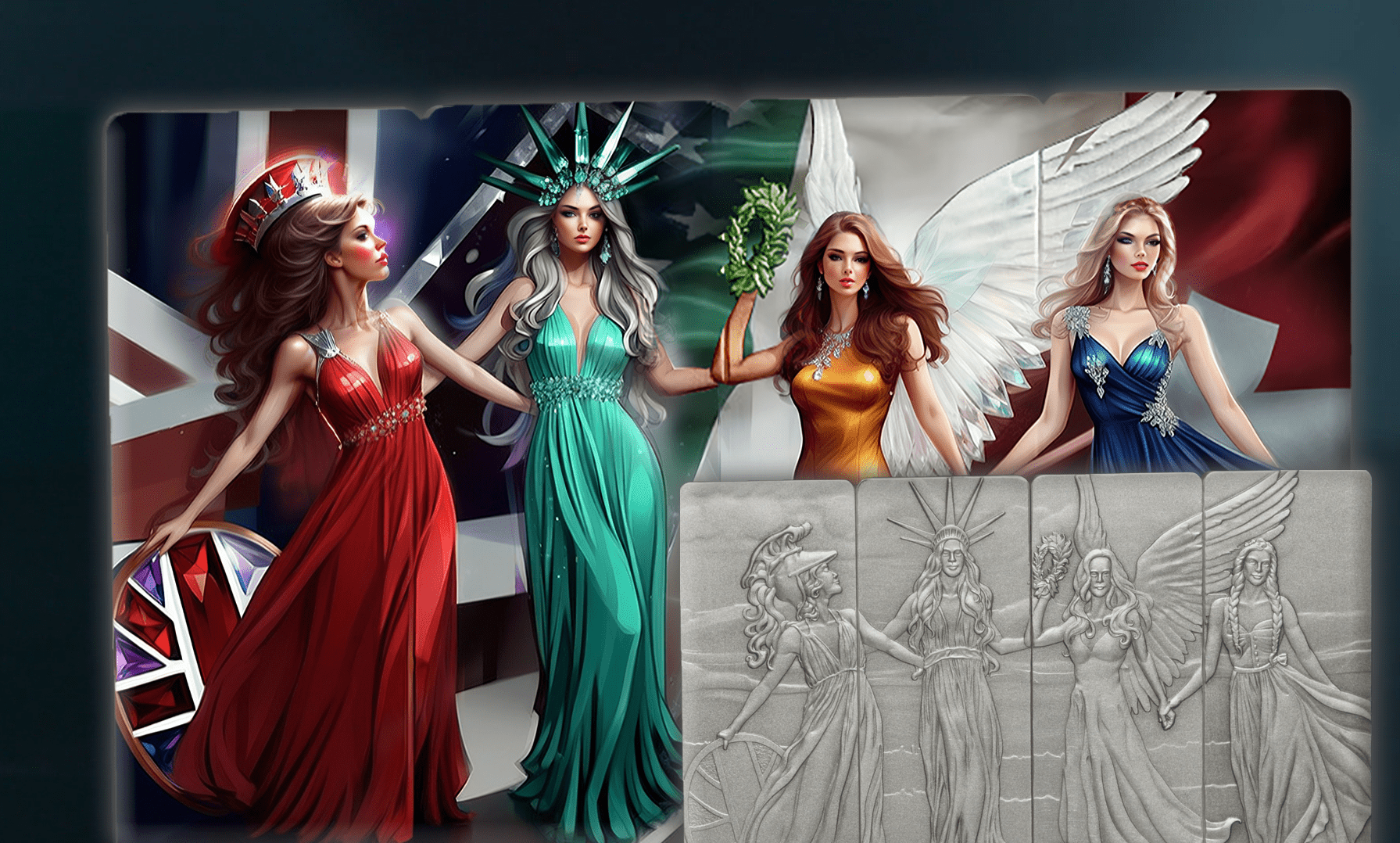 2024 The 4 Four Graces Color .999 Silver 1 oz Bars W/Certificate & Frame Display - Captain’s Chest Bullion