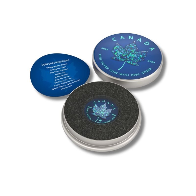 2024 CS Canadian Maple Leaf 1oz Space Blue coin with genuine opal, featuring a presale offer with Gold.