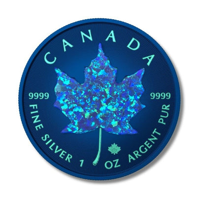 2024 CS Canadian Maple Leaf 1oz Space Blue coin with genuine opal, featuring a presale offer with Gold.