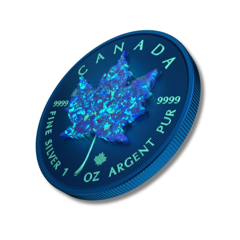 2024 CS Canadian Maple Leaf 1oz Space Blue coin with genuine opal, featuring a presale offer with Gold.