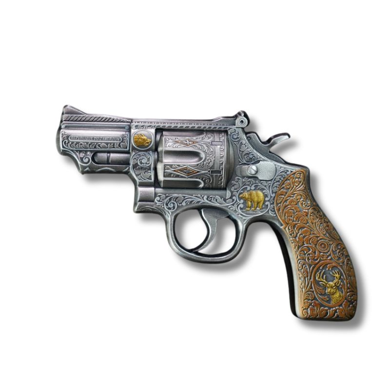 2024 Cameroon 3000 Francs CFA Revolver Gun 5 oz .999 Silver Coin - Featuring a lifelike revolver design with golden wildlife engravings, antique finish.