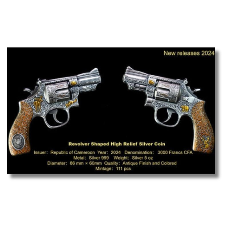 2024 Cameroon 3000 Francs CFA Revolver Gun 5 oz .999 Silver Coin - Featuring a lifelike revolver design with golden wildlife engravings, antique finish.