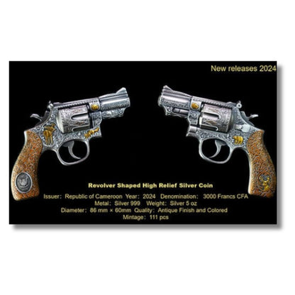 2024 Cameroon 3000 Francs CFA Revolver Gun 5 oz .999 Silver Coin - Featuring a lifelike revolver design with golden wildlife engravings, antique finish.