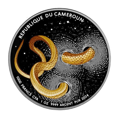 2024 Cameroon Herpeton Snake 1 oz Silver Ultra High Relief Dark Gilded Coin