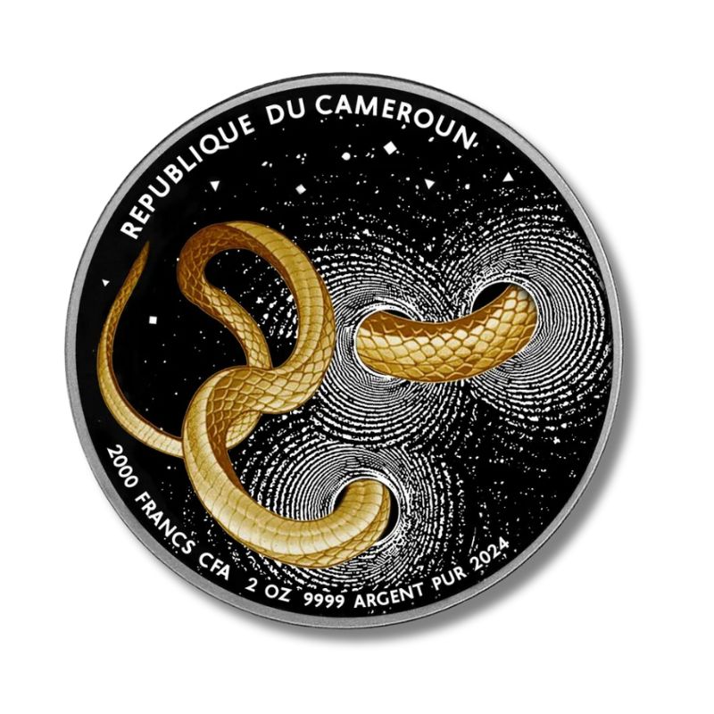 2024 Cameroon Herpeton Snake 2 oz Silver Ultra High Relief Dark Gilded Coin