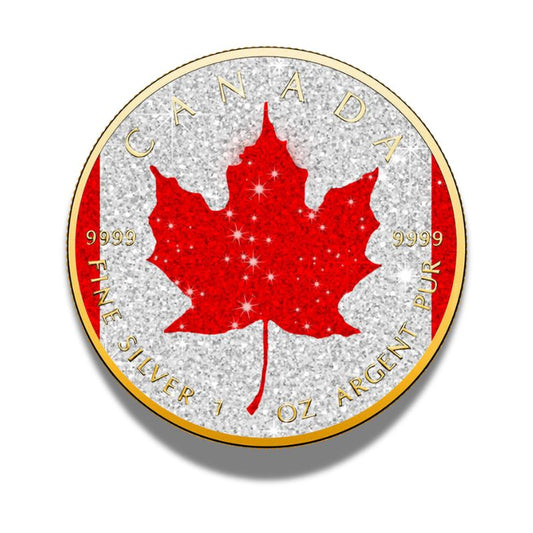 2024 Canada Maple Leaf Diamond Flag Edition 1 oz Silver Coin with diamond dust and 24k gold plating