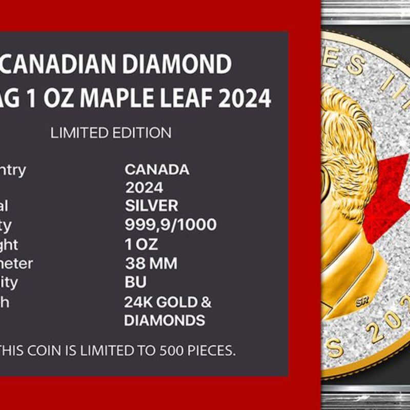 2024 Canada Maple Leaf Diamond Flag Edition 1 oz Silver Coin with diamond dust and 24k gold plating