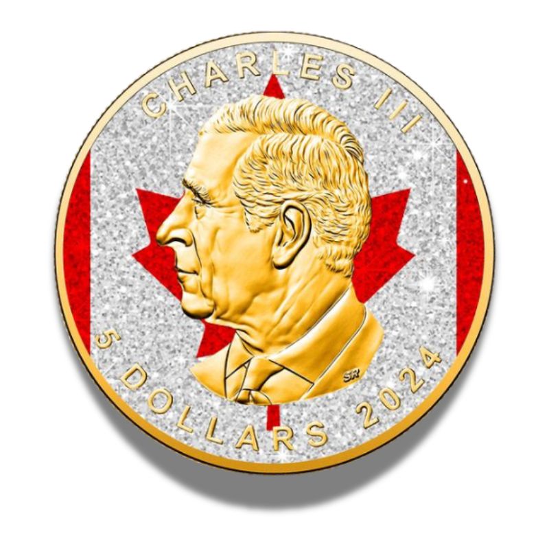 2024 Canada Maple Leaf Diamond Flag Edition 1 oz Silver Coin with diamond dust and 24k gold plating