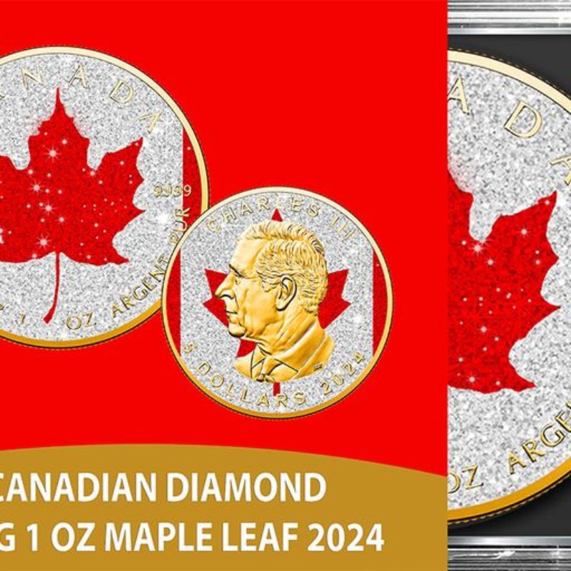 2024 Canada Maple Leaf Diamond Flag Edition 1 oz Silver Coin with diamond dust and 24k gold plating