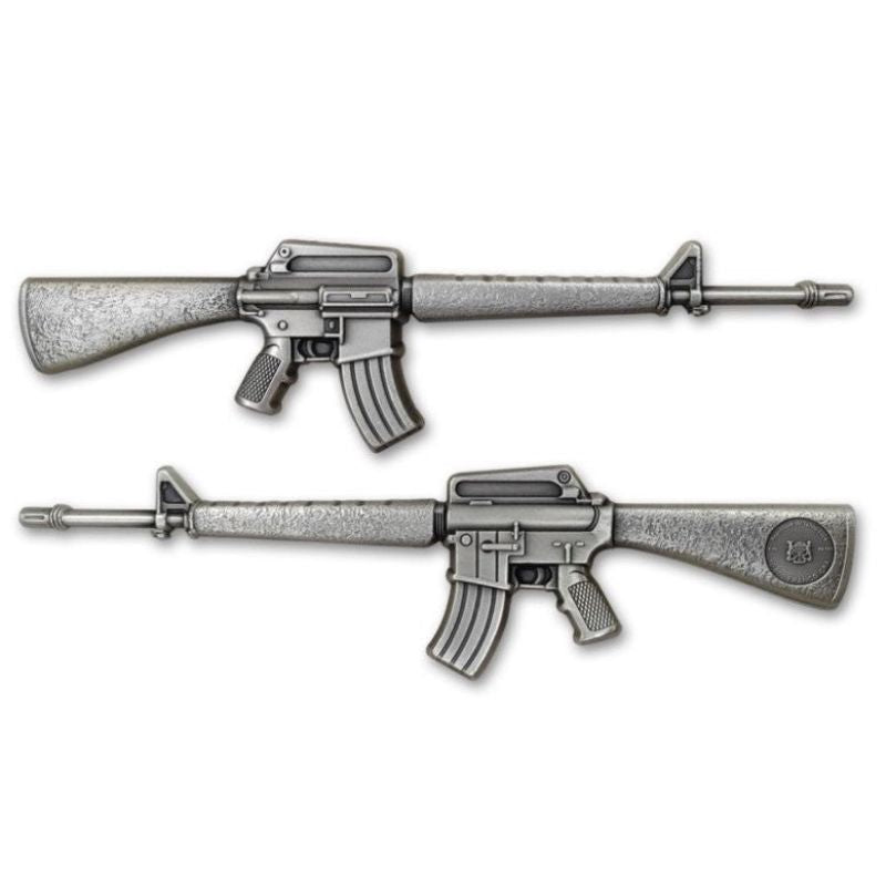 2024 Chad 10,000 Francs 2-oz Silver M16 Rifle Antiqued Coin - Detailed design of the iconic M16 Rifle with an antique finish.