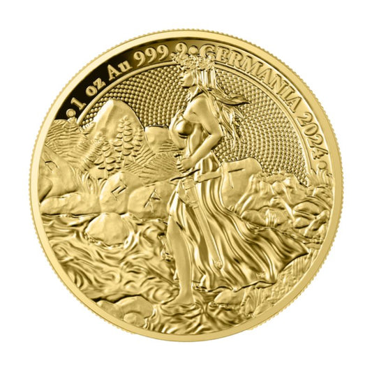 2024 Germania Lady Germania Proof 1 oz Gold Coin in a display box, featuring the Lady Germania design, with a Certificate of Authenticity.