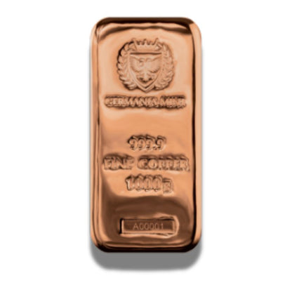 2024 Germania Mint 1000g Copper Cast Bar – featuring unique holograms, serial numbers, and vacuum-foiled packaging.