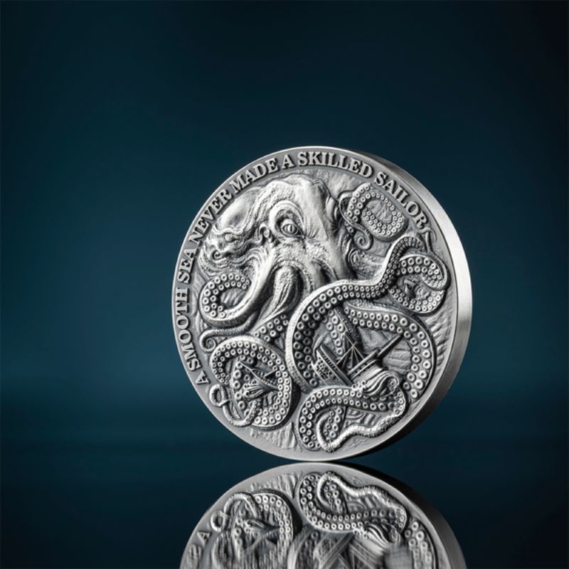 2024 Ghana Life Quotes Kraken 1oz Silver High Relief Antiqued Coin