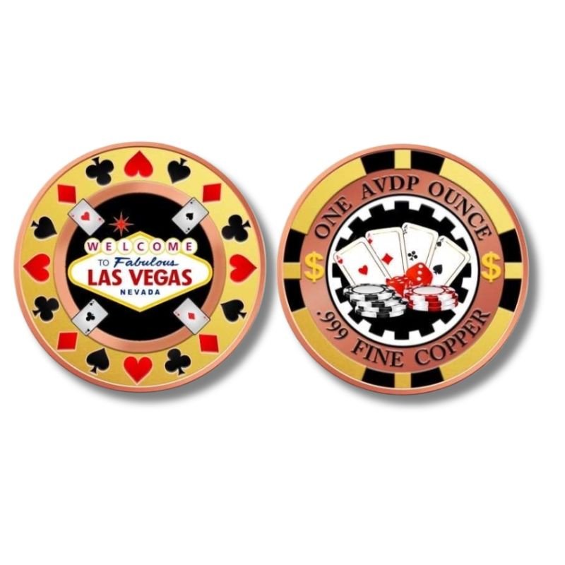 2024 Las Vegas 1oz Colorized Copper Poker Chip featuring a vibrant Vegas-inspired design.