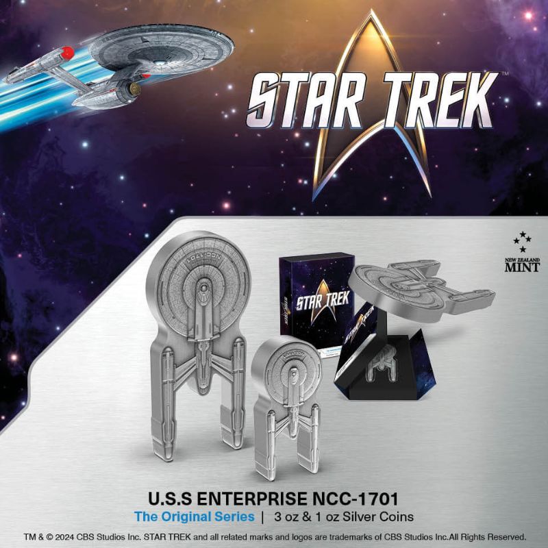 2024 Niue Star Trek U.S.S Enterprise NCC-1701 – 3 oz Silver Antiqued Coin - Officially licensed Star Trek collectible with intricate design and antiqued finish.