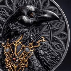 2025 Cameroon Raven Antique Finish 1oz .999 Silver Coin Color and Gilding