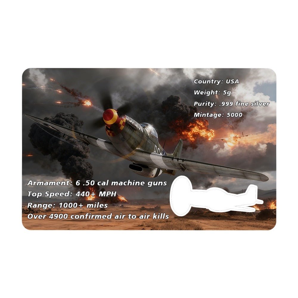 2025 P - 51 Mustang Fully Shaped Silver 5 grams .999 Silver Colorized in Card - Captain’s Chest Bullion