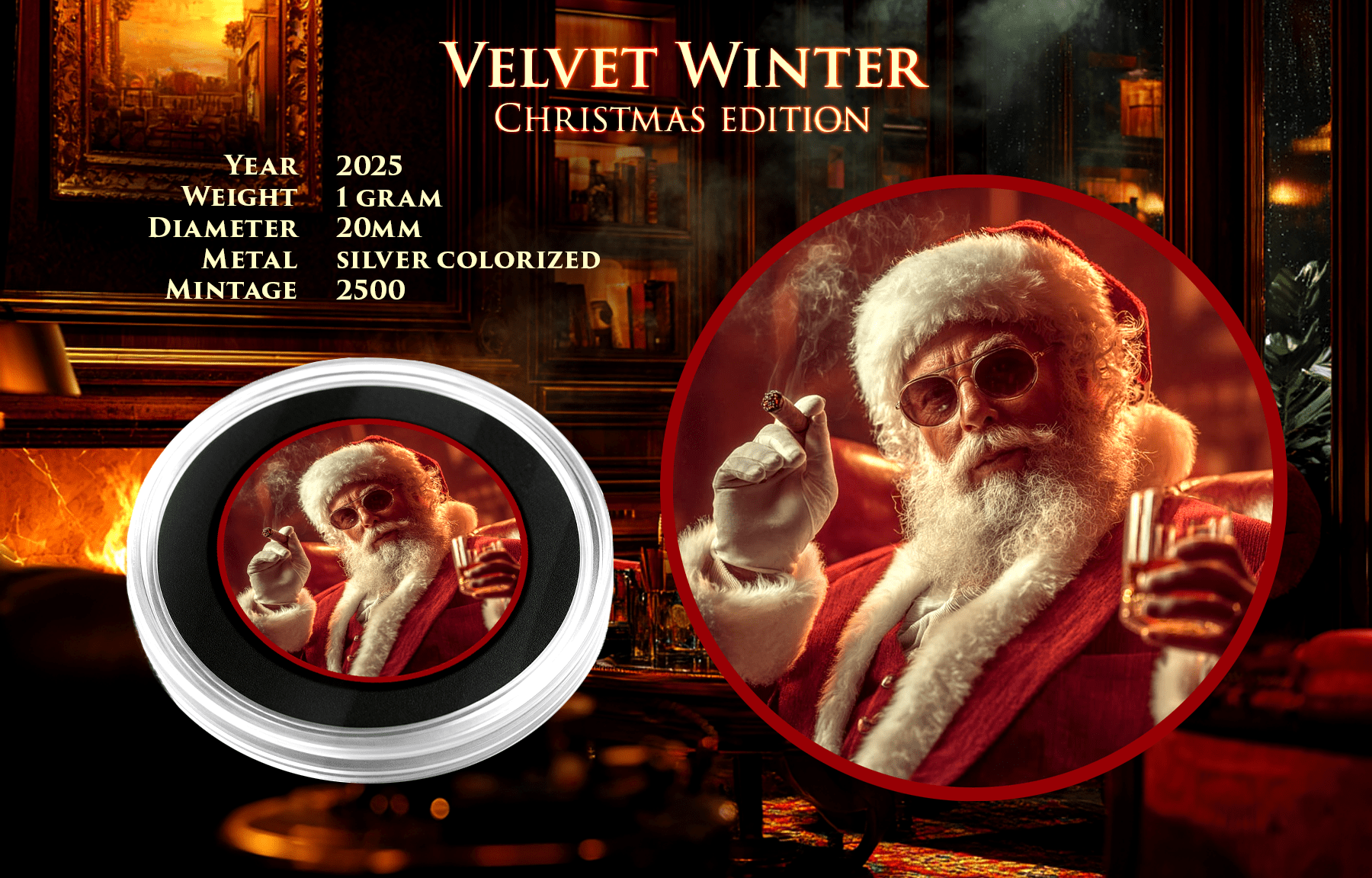 2025 Santa Velvet Winter 1 gram .999 Silver Gram 20mm Diameter - Captain’s Chest Bullion