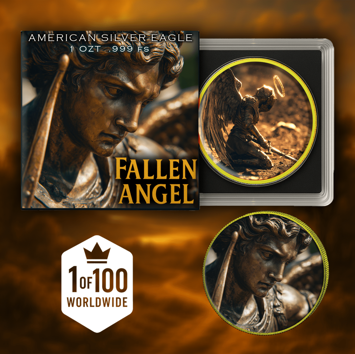 2025 Silver Eagle Colorized & Gold Gilding Fallen Angel .999 1oz Silver Coin - Captain’s Chest Bullion
