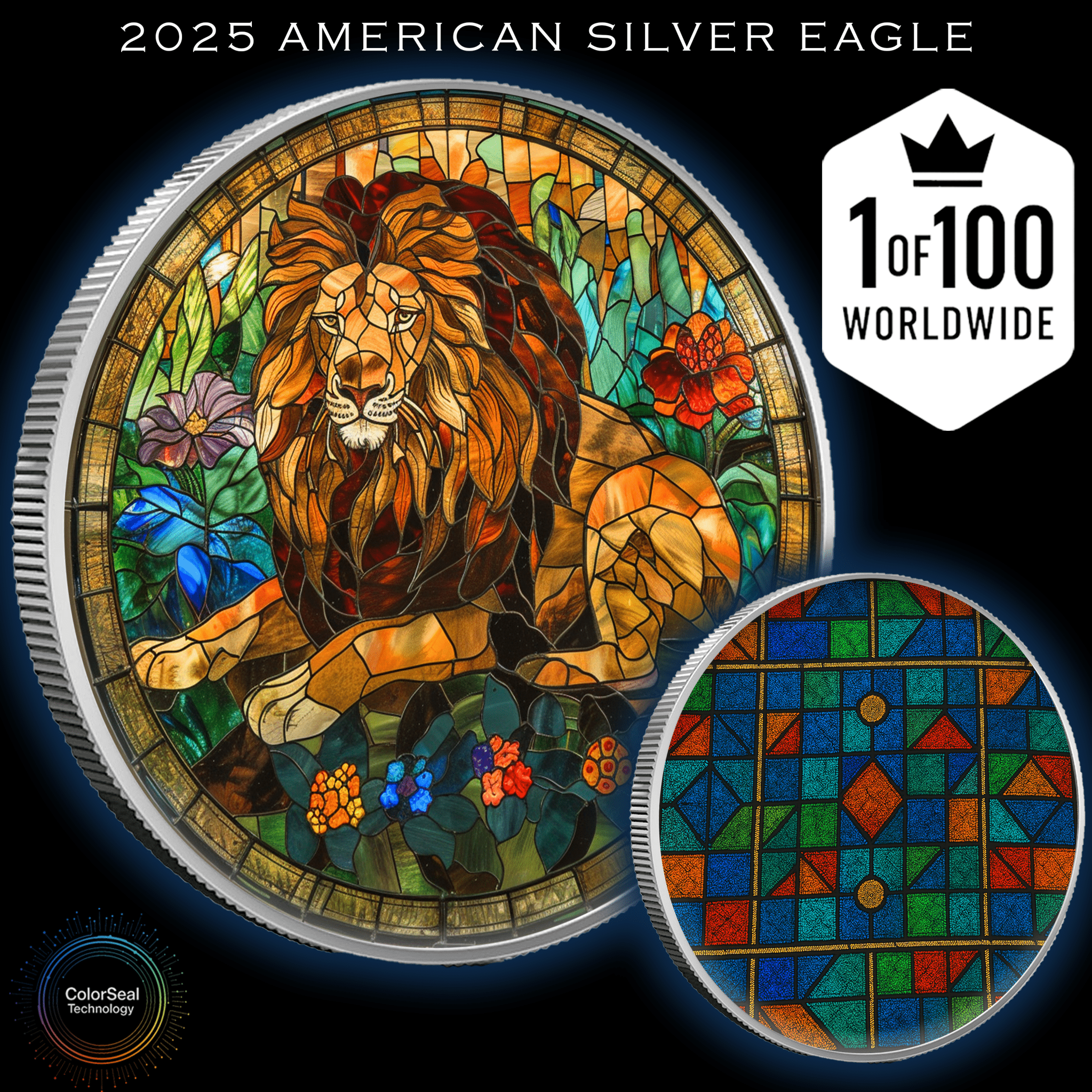 2025 Silver Eagle Mosaic Lion "Majesty" 1oz Colorized .999 Silver Coin - Captain’s Chest Bullion