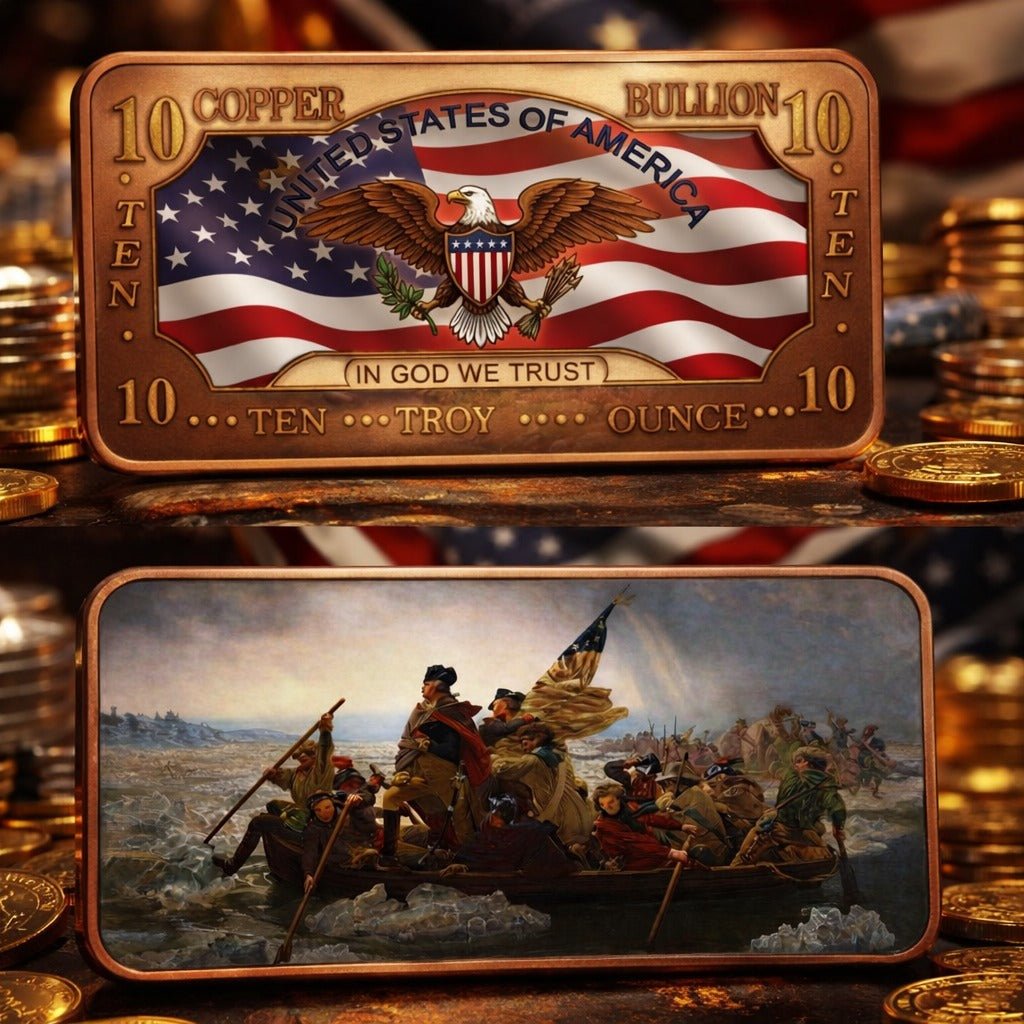 2026 George Washington Crosses the Delware 10oz AVDP .999 Fine Copper Bar - Captain’s Chest Bullion