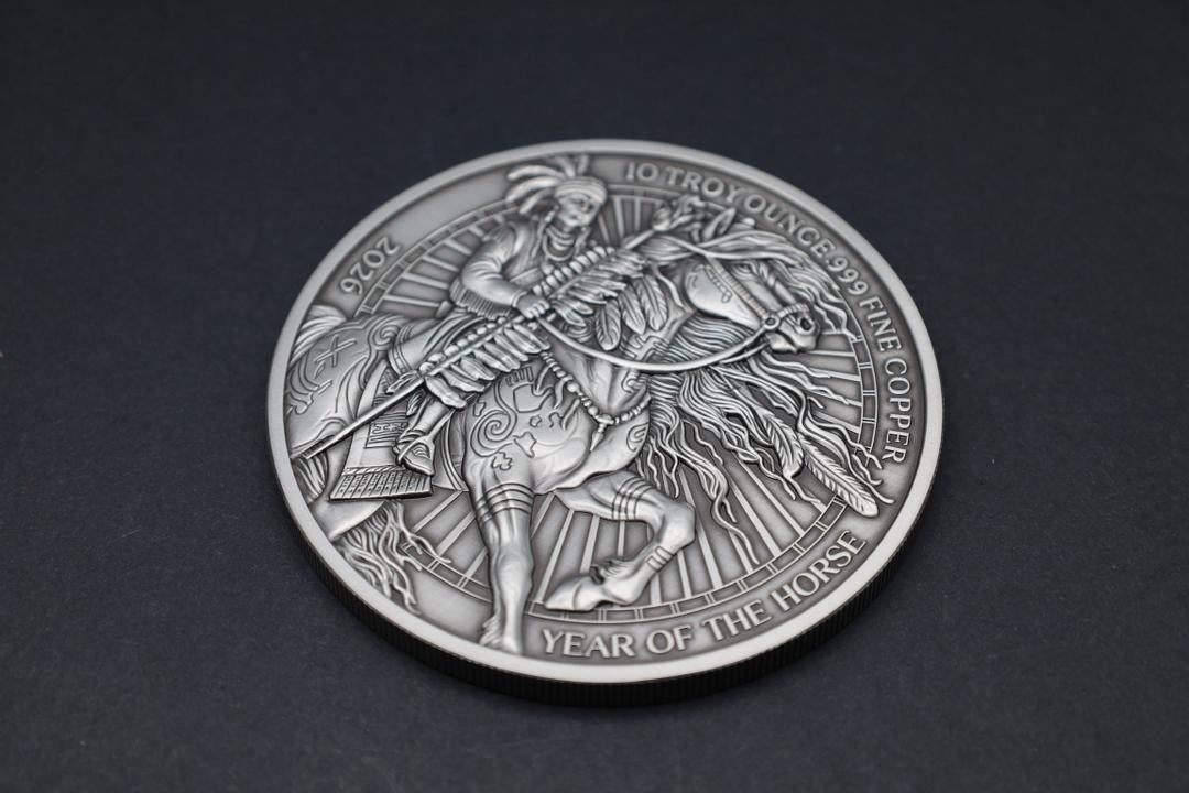 2026 Image Improvement Year of the War Horse 10oz Large Diameter .999 Copper with Antique Silver Finish - Captain’s Chest Bullion
