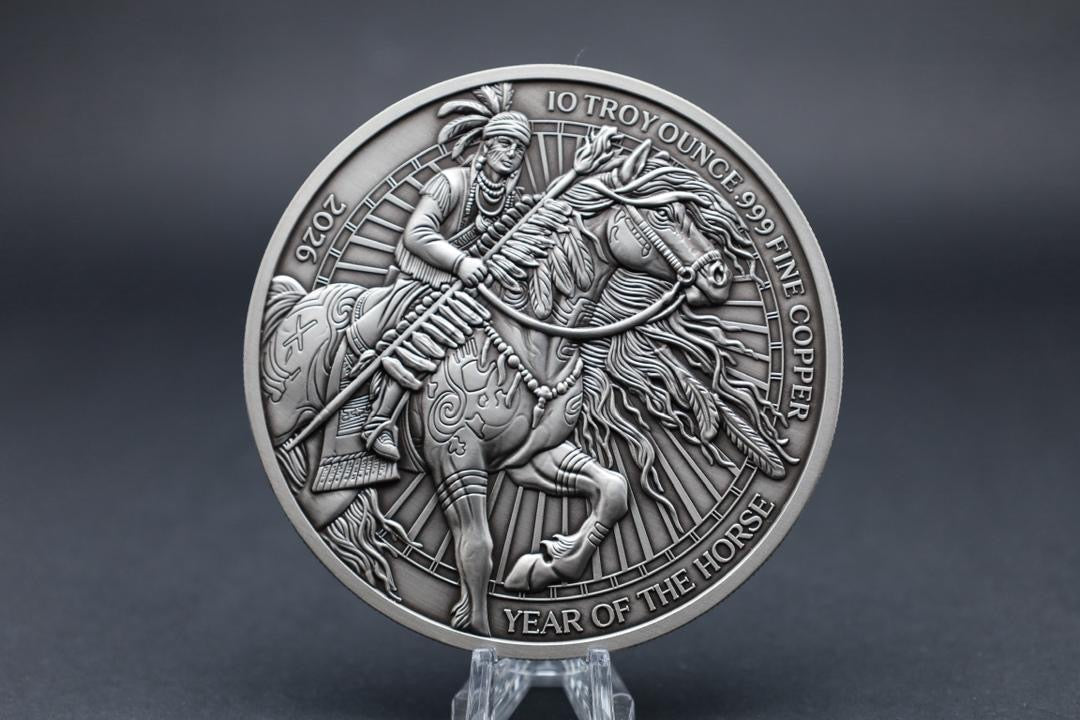 2026 Image Improvement Year of the War Horse 10oz Large Diameter .999 Copper with Antique Silver Finish - Captain’s Chest Bullion