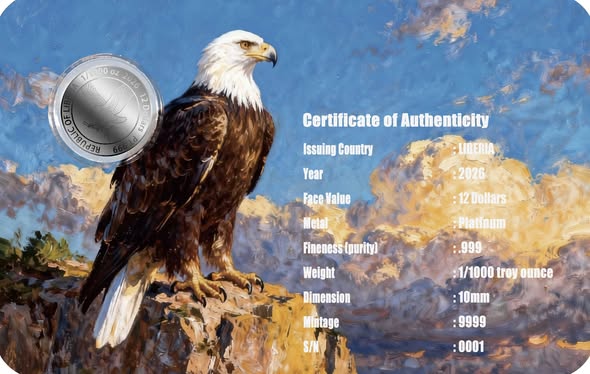 2026 Liberia American Bald Eagle 1/1000 oz .999 Platinum Coin in Card - Captain’s Chest Bullion