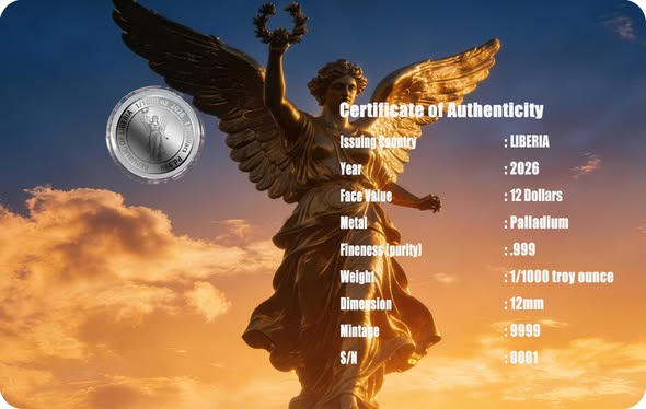 2026 Liberia Angel of Independence 1/1000 oz .999 Palladium Coin in Card - Captain’s Chest Bullion