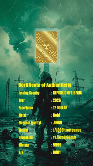 2026 Liberia Chernobyl 1/1000 oz .9999 Gold Coin in Card - Captain’s Chest Bullion