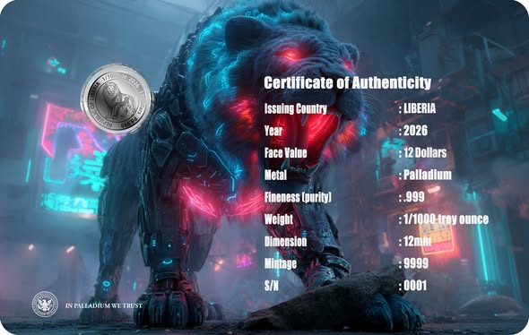 2026 Liberia Cyberpunk Lion 1/1000 oz .999 Palladium Coin in Card - Captain’s Chest Bullion
