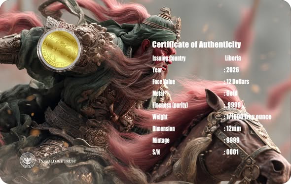 2026 Liberia Guan Yu 1/1000 oz .9999 Gold Coin in Card - Captain’s Chest Bullion