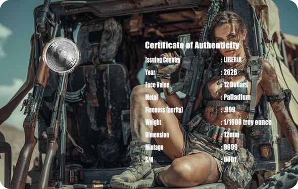 2026 Liberia Guerrilla Warfare 1/1000 oz .999 Palladium Coin in Card - Captain’s Chest Bullion