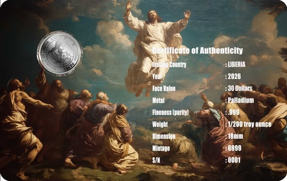 2026 Liberia Jesus 1/200 oz .999 Palladium Coin in Card - Captain’s Chest Bullion