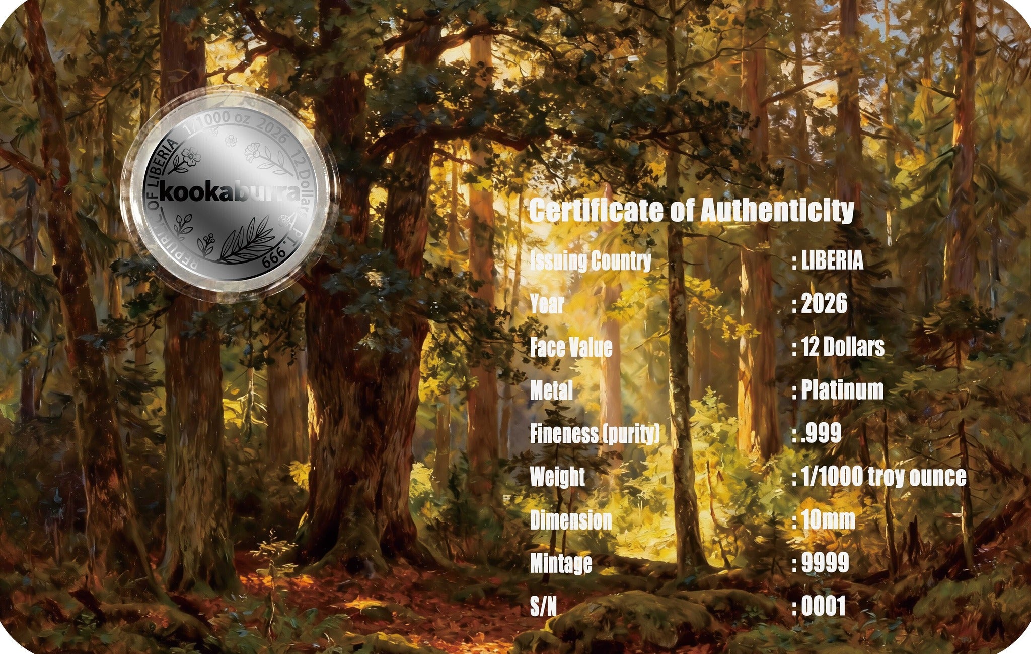 2026 Liberia Kookaburra 1/1000 oz .999 Platinum Coin in Card - Captain’s Chest Bullion