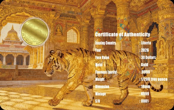2026 Liberia Mandala The Tiger 1/200 oz .9999 Gold Coin in Card - Captain’s Chest Bullion