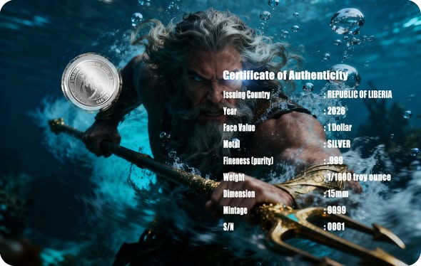 2026 Liberia Poseidon 1/1000 oz .999 Silver Coin in Card - Captain’s Chest Bullion