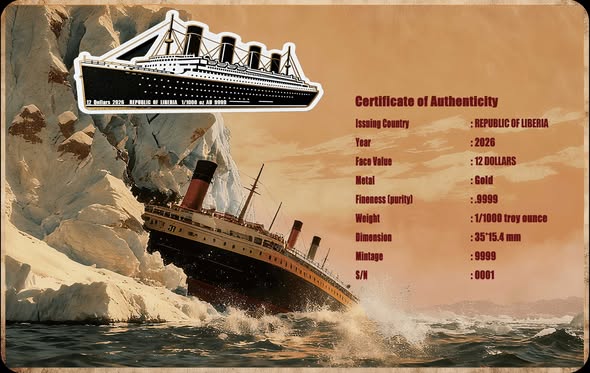 2026 Liberia RMS Titanic Shaped 1/1000 oz .9999 Gold Coin in Card - Captain’s Chest Bullion