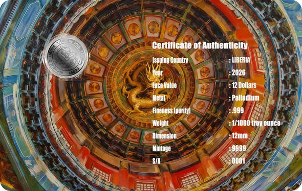 2026 Liberia Temple of Heaven 1/1000 oz .999 Palladium Coin in Card - Captain’s Chest Bullion