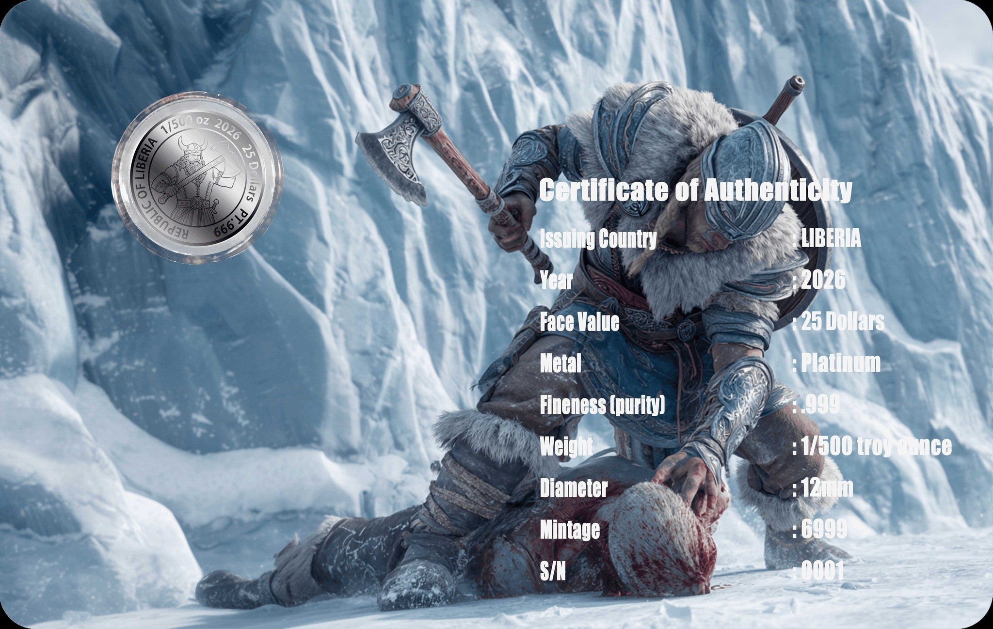 2026 Liberia Viking Tomahawk 1/500 oz .999 Platinum Coin in Card - Captain’s Chest Bullion