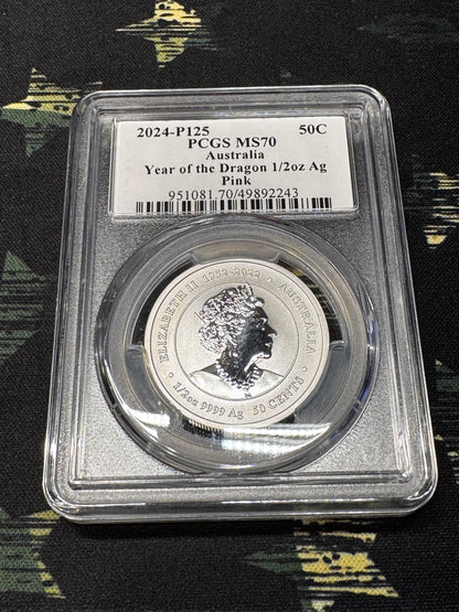 2024 P-125 PCGS MS70 Silver Australia Year of the Dragon 1/2 oz Pink Dragon Coin