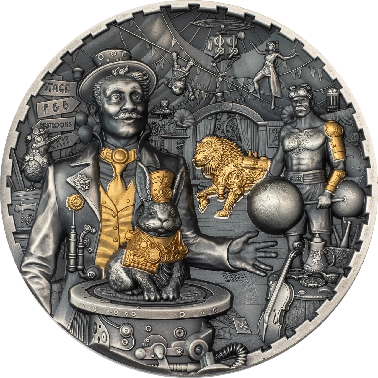 2024 PCGS MS70 FDOI ISSUE Steampunk Carnival 3oz .999 Silver Antiqued Coin