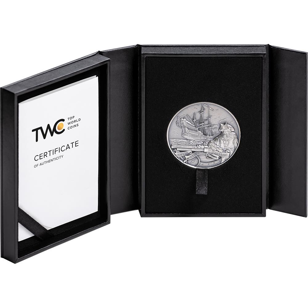 2023 Barbados Captain's of Fortune Queen Anne's Revenge 2 oz Silver Coin with Decorative Book Case and COA